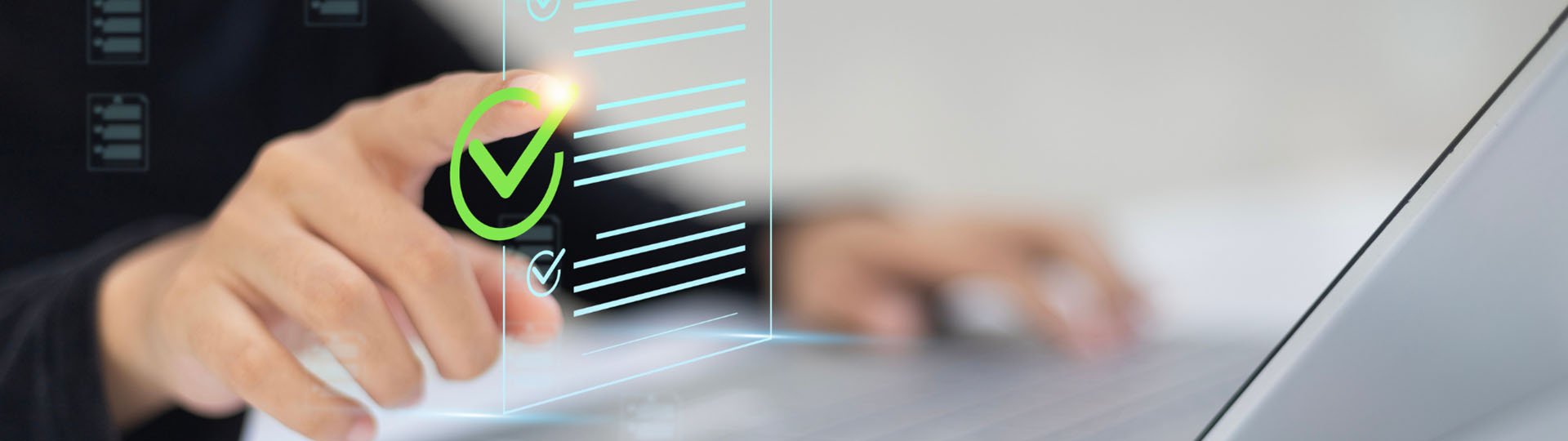 Woman tapping a check box on a touch panel.